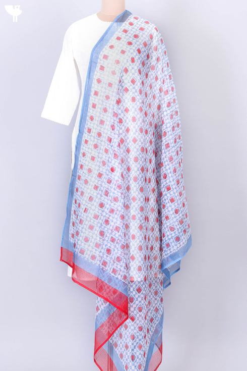 Kota Doria Dupatta In Geometric Block Print